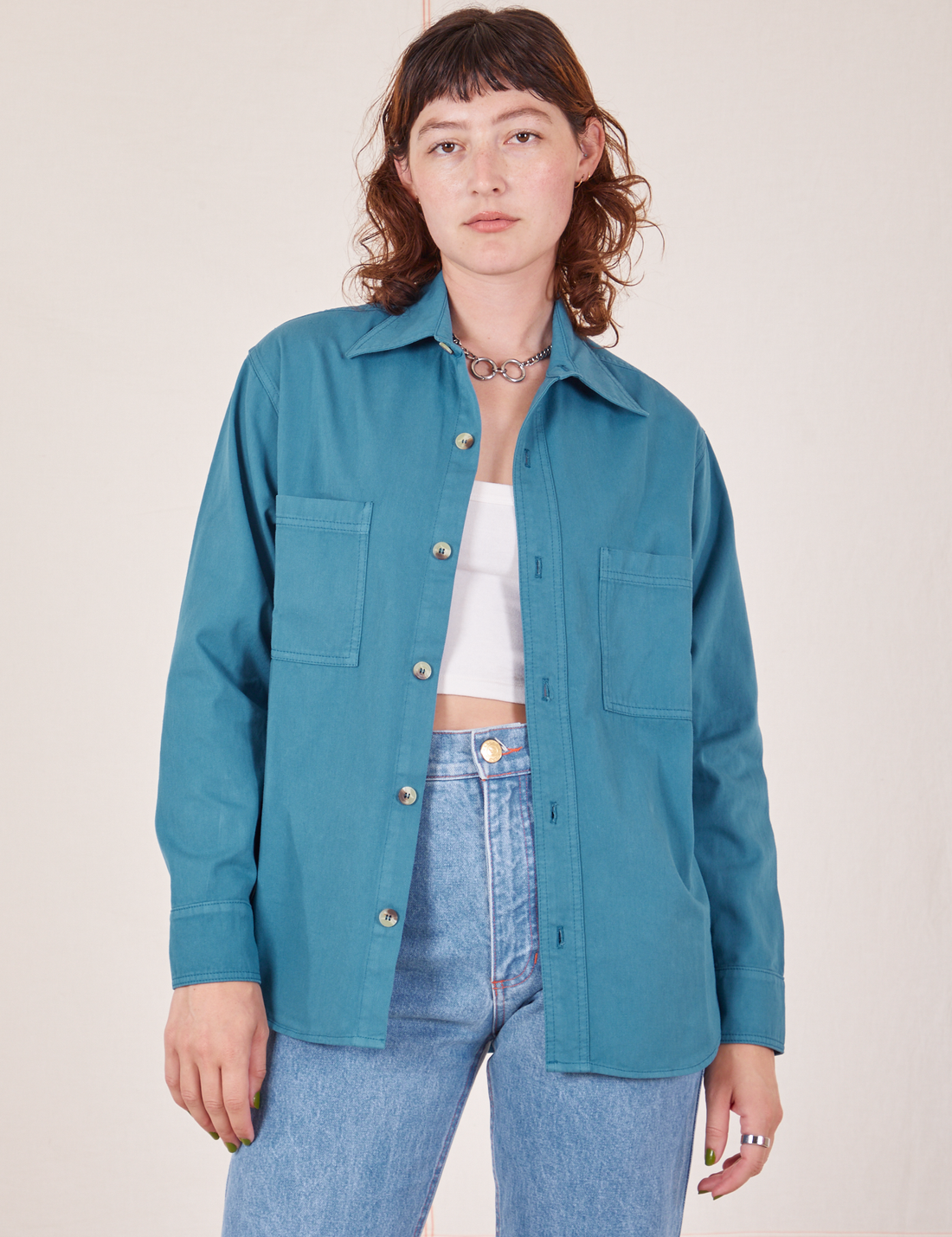 Alex is wearing size P Oversize Overshirt in Marine Blue