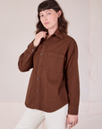 Angled front view of Twill Overshirt in Fudgesicle Brown on Alex