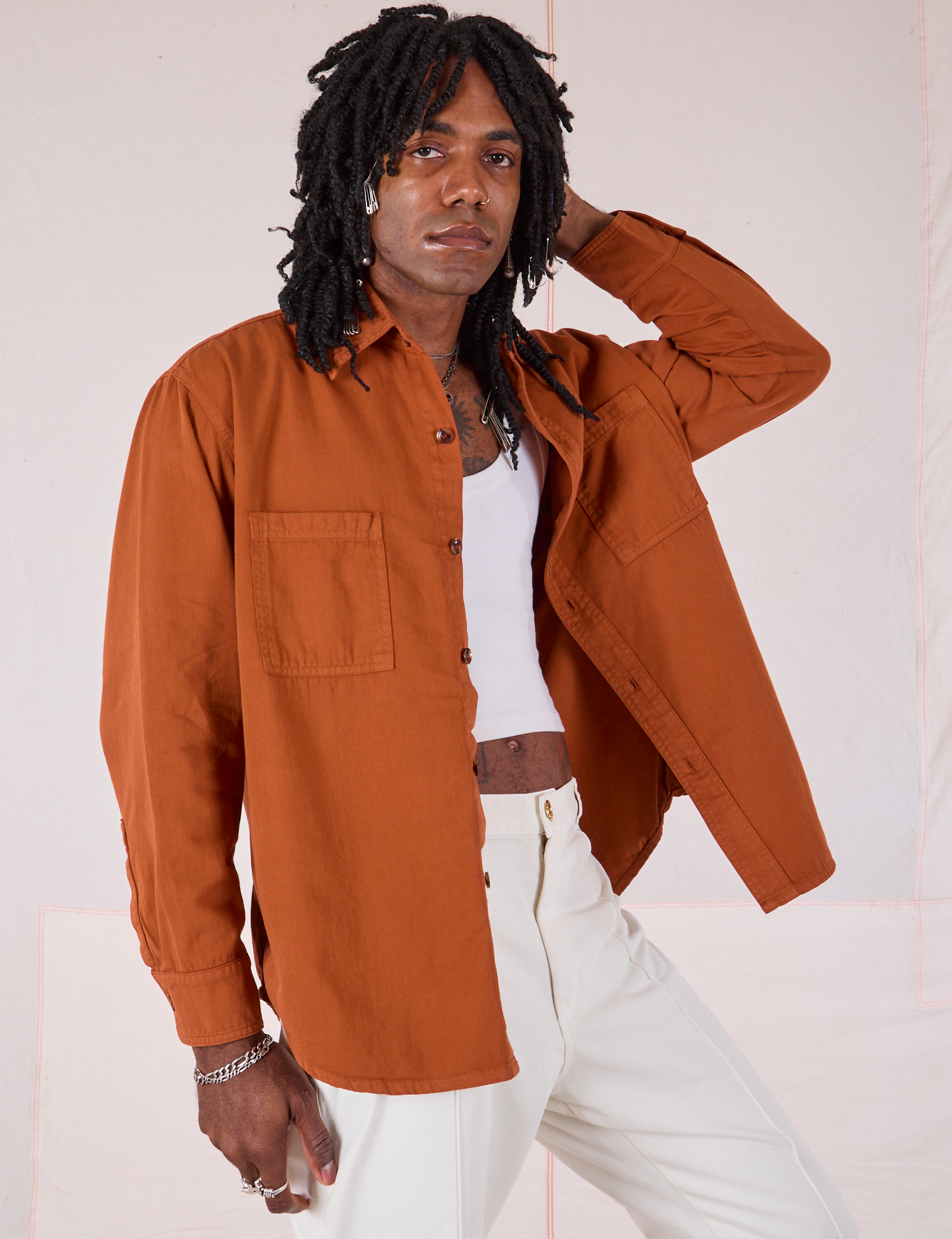 Twill Overshirt in Burnt Terracotta angled front view on Jerrod