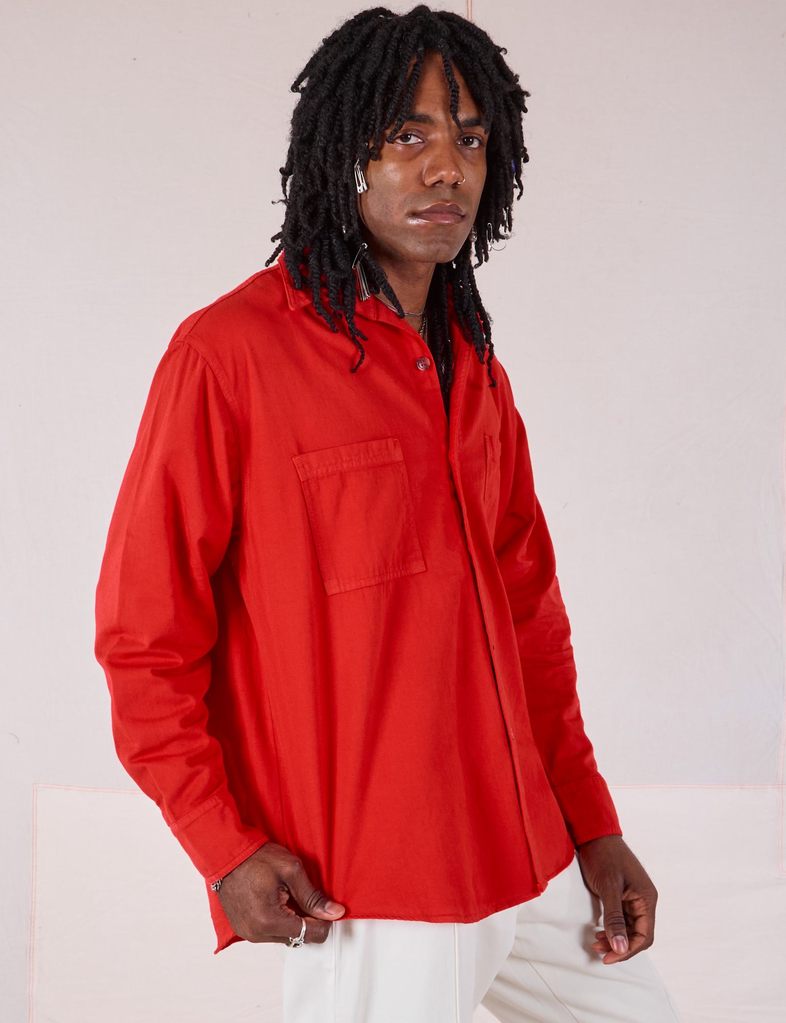 Twill Overshirt in Mustang Red side view on Jerrod