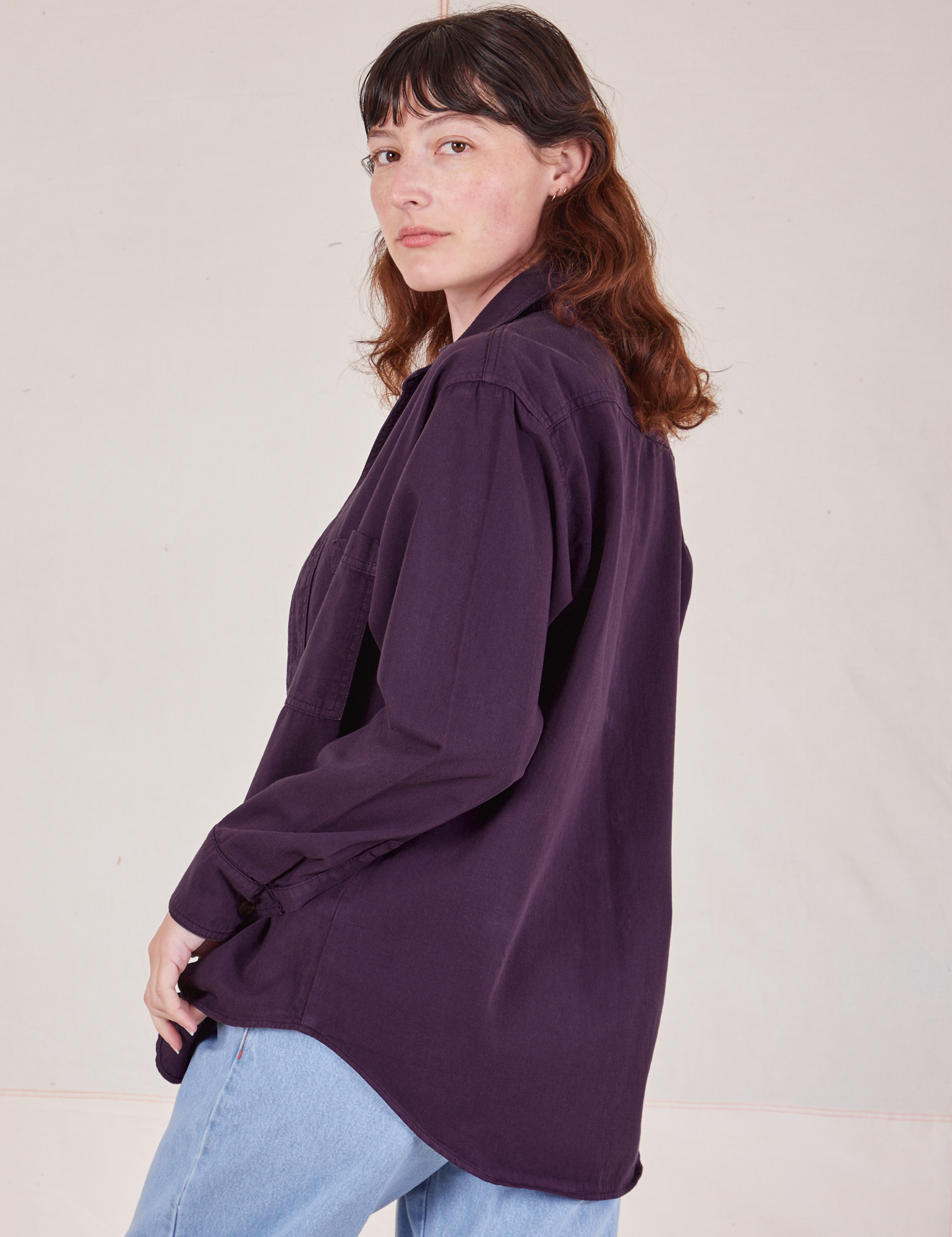Oversize Overshirt in Nebula Purple side view on Alex