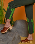 Paintstamped Work Pants in Cactus side pant leg close up on Alex