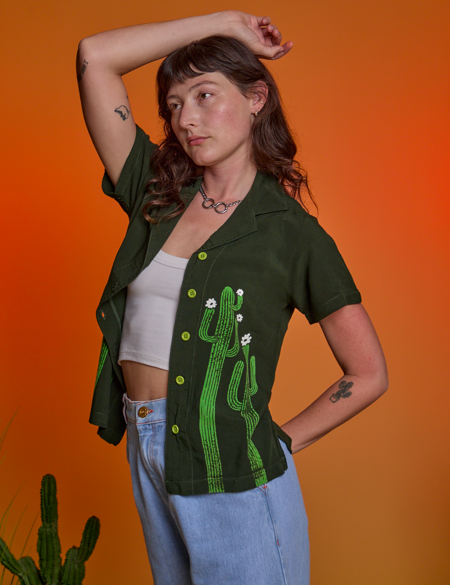 Paintstamped Pantry Button-Up in Cactus angled front view on Alex