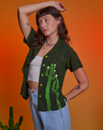 Paintstamped Pantry Button-Up in Cactus angled front view on Alex