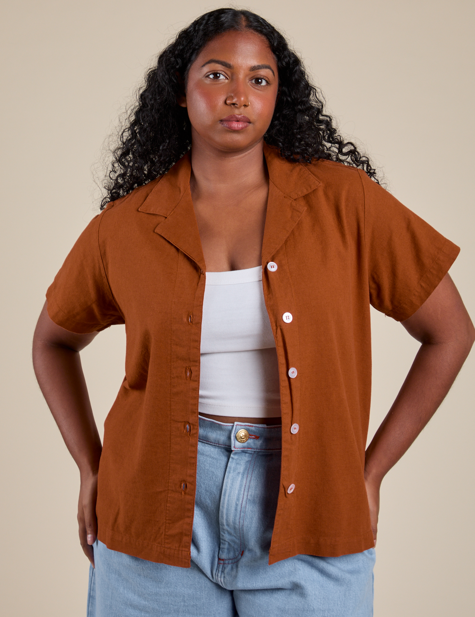 Meghna is wearing Pantry Button-Up in Burnt Terracotta