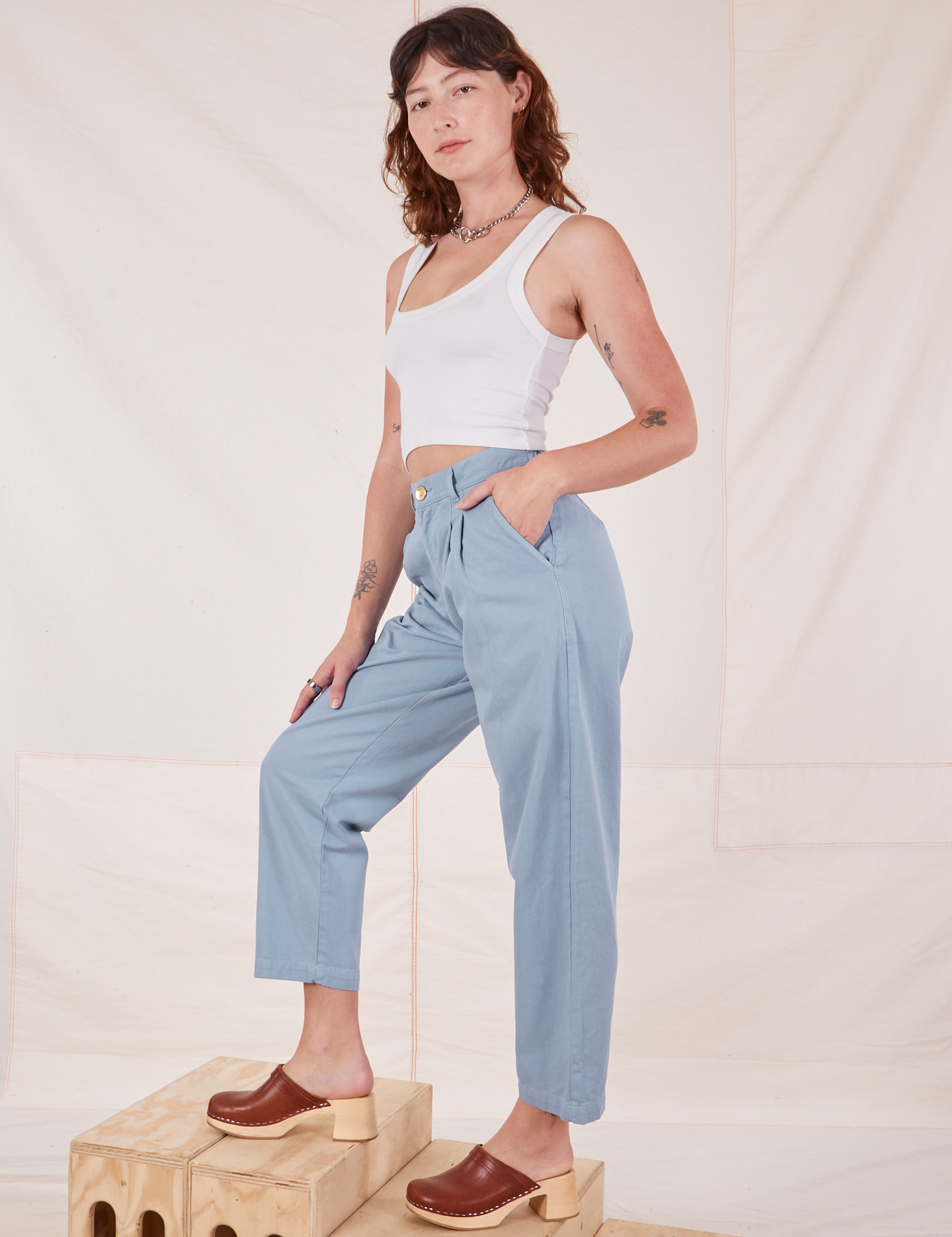 Side view of Heavyweight Trousers in Periwinkle on Alex