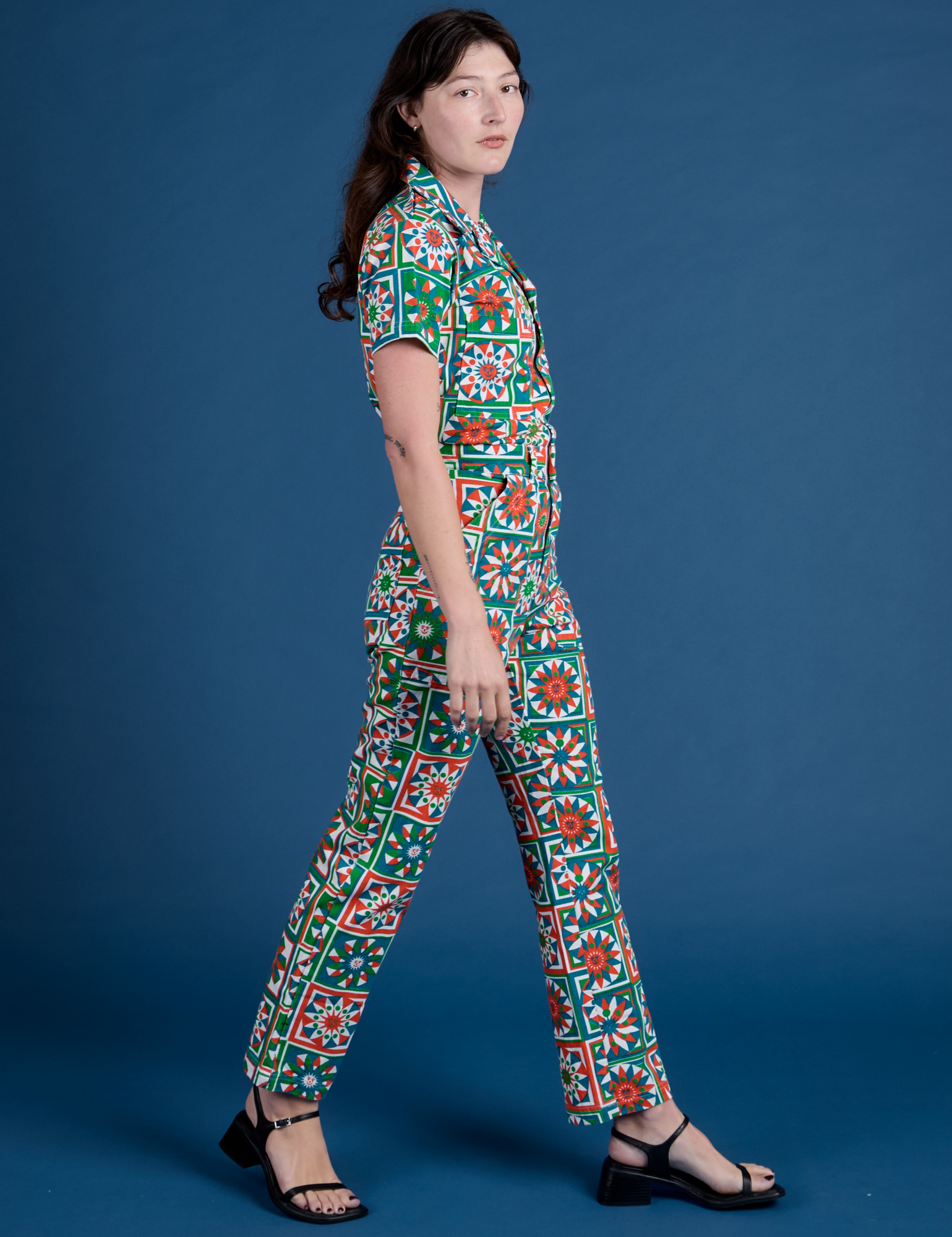 Side view of Quilt Print Jumpsuit on Alex