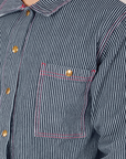 Front close up of Railroad Stripe Denim Work Jacket worn by Jesse