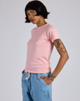 Jr. Varsity Tee in Baby Pink angled front view on Kira