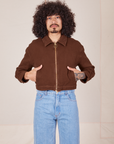 Ricky Jacket in Fudgesicle Brown worn by Jesse with their hands in both pockets.