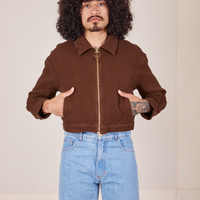 Ricky Jacket in Fudgesicle Brown worn by Jesse with their hands in both pockets.
