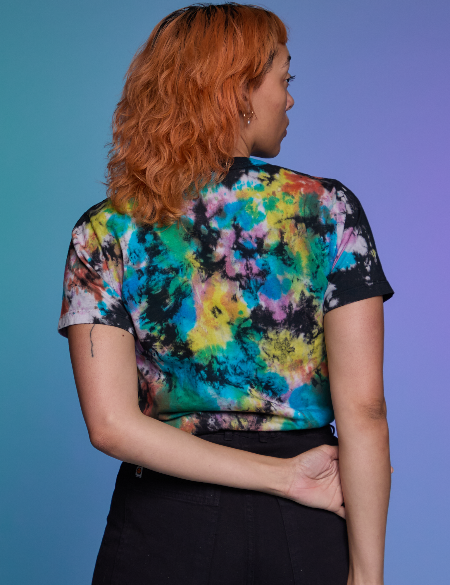 Back view of Classic Tee in Rainbow Magic Waters on Tiara
