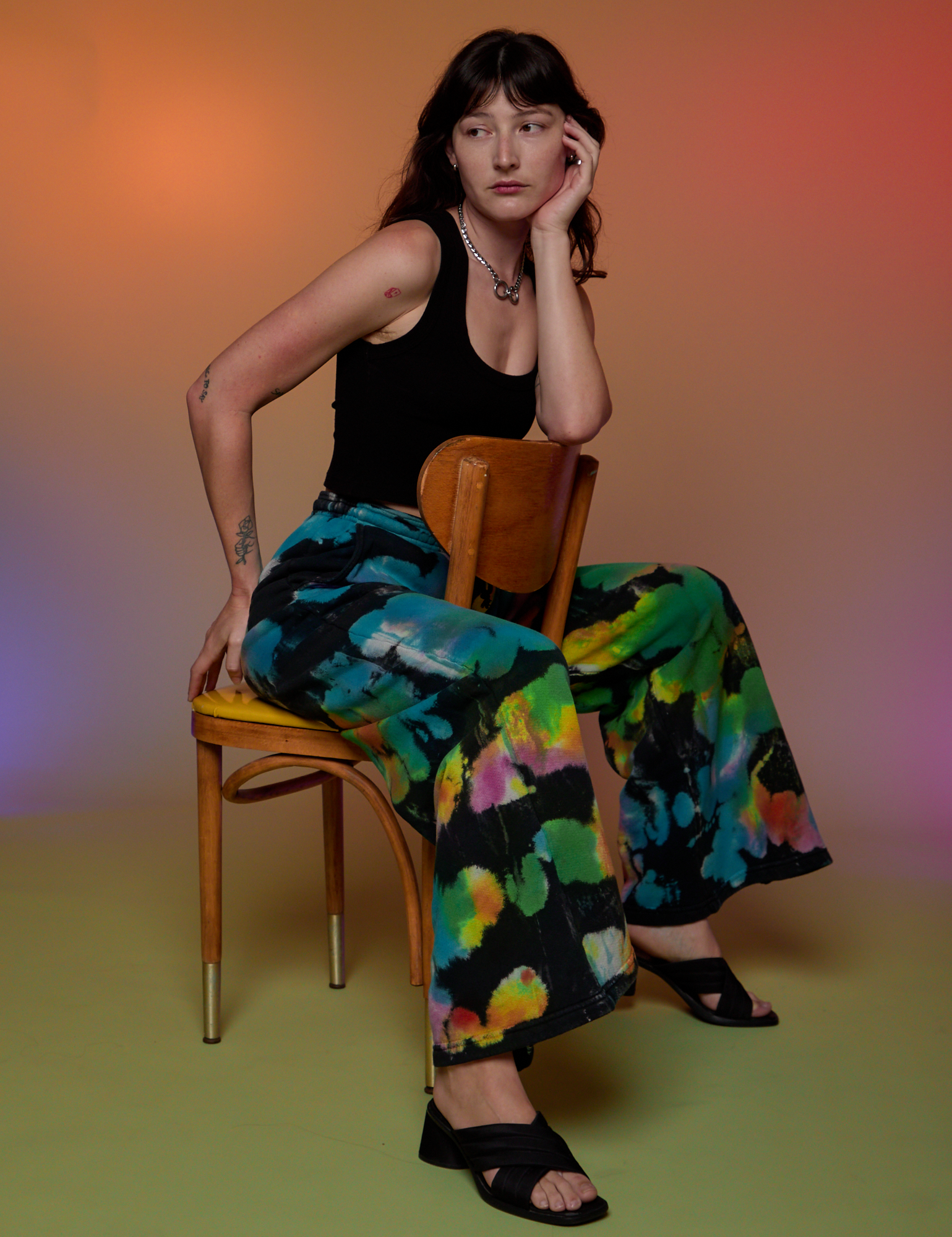 Tie Dyed Wide Leg Sweat Pants and Cropped Tank in Black worn by Alex