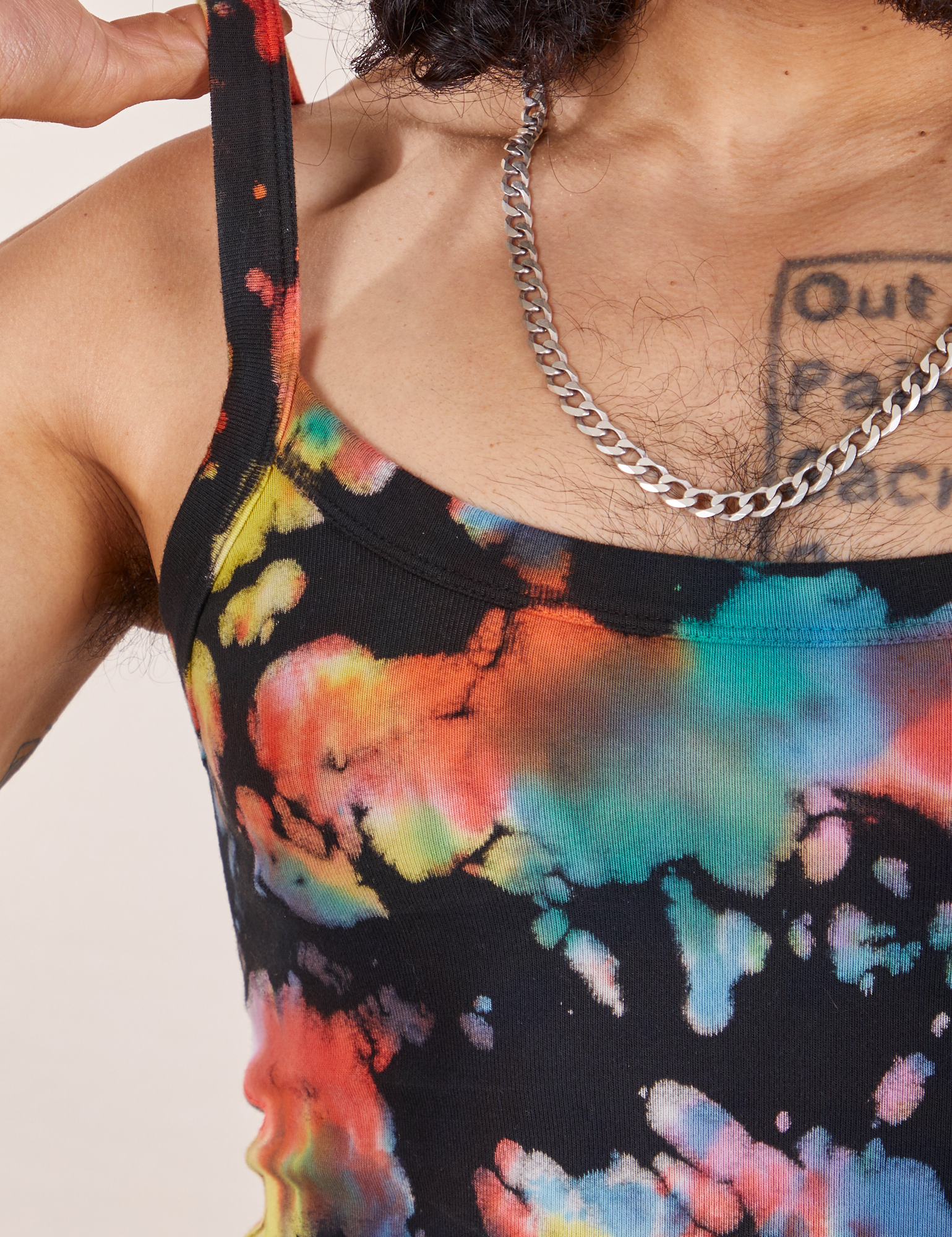 Front close up of Cropped Cami in Rainbow Magic Waters worn by Jesse.