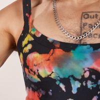 Front close up of Cropped Cami in Rainbow Magic Waters worn by Jesse.