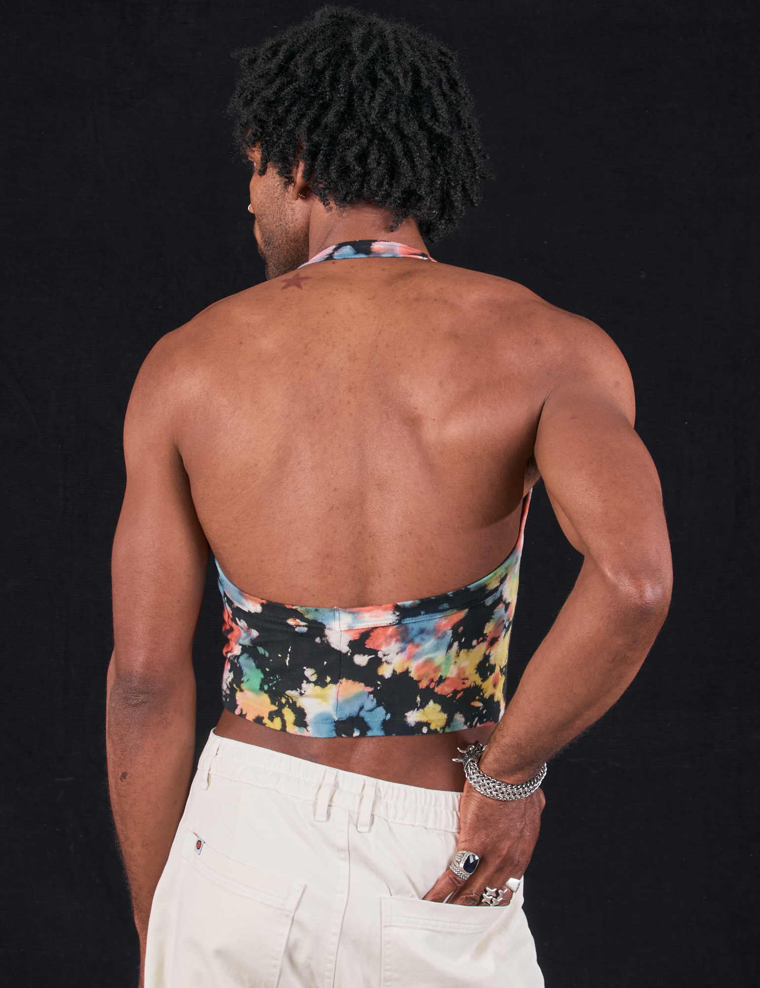 Halter Top in Rainbow Magic Waters back view on Jerrod