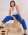 Heavyweight Trousers in Royal Blue on Tiara sitting on a wooden crate