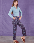 Angled front view of Marble Splatter Work Pants in Nebula Purple and baby blue Long Sleeve Fisherman Polo