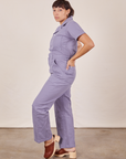 Side view of Short Sleeve Jumpsuit in Faded Grape worn by Tiara