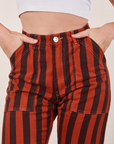Black Striped Work Pants in Paprika front close up on Alex