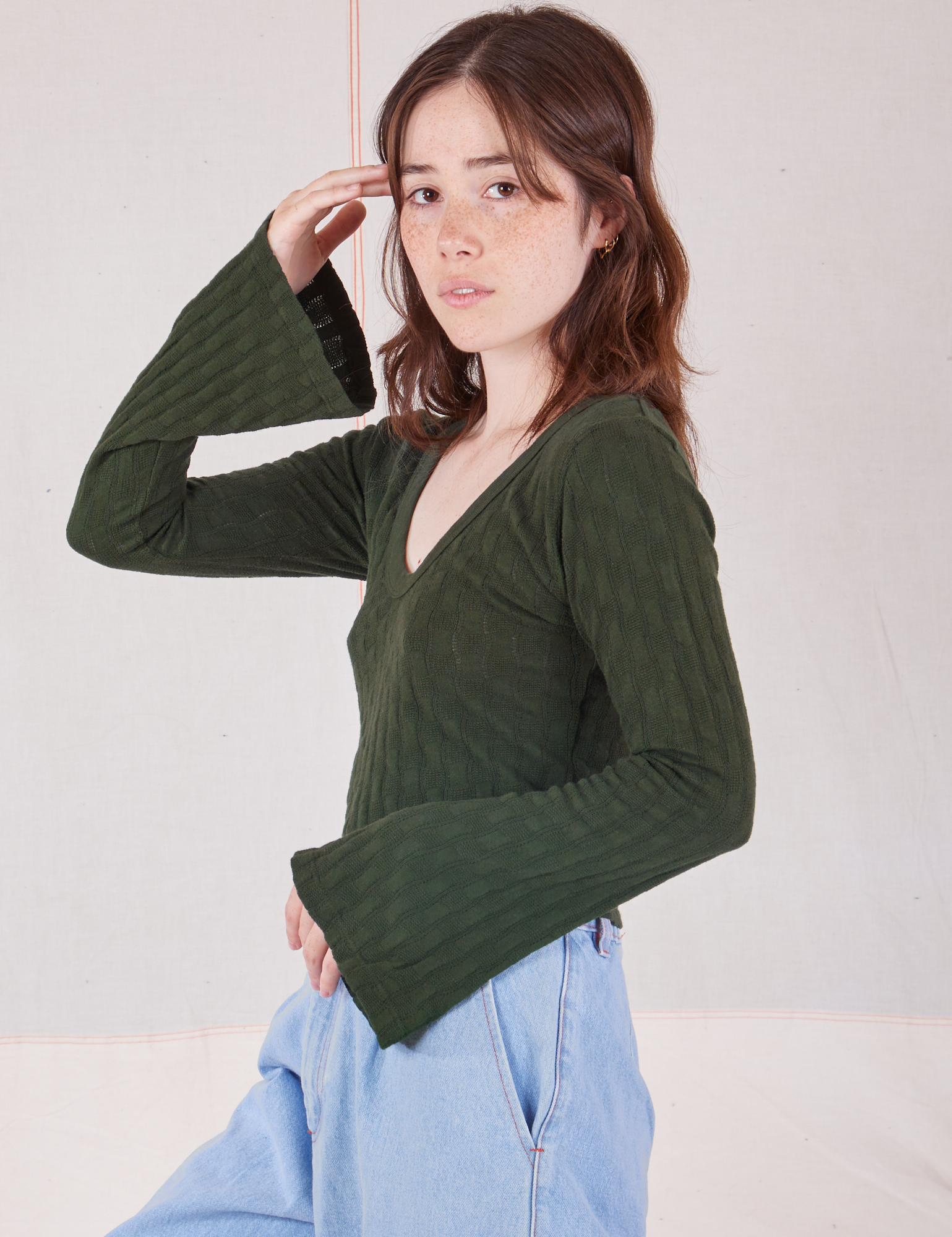 Bell Sleeve Top in Swamp Green side view on Hana