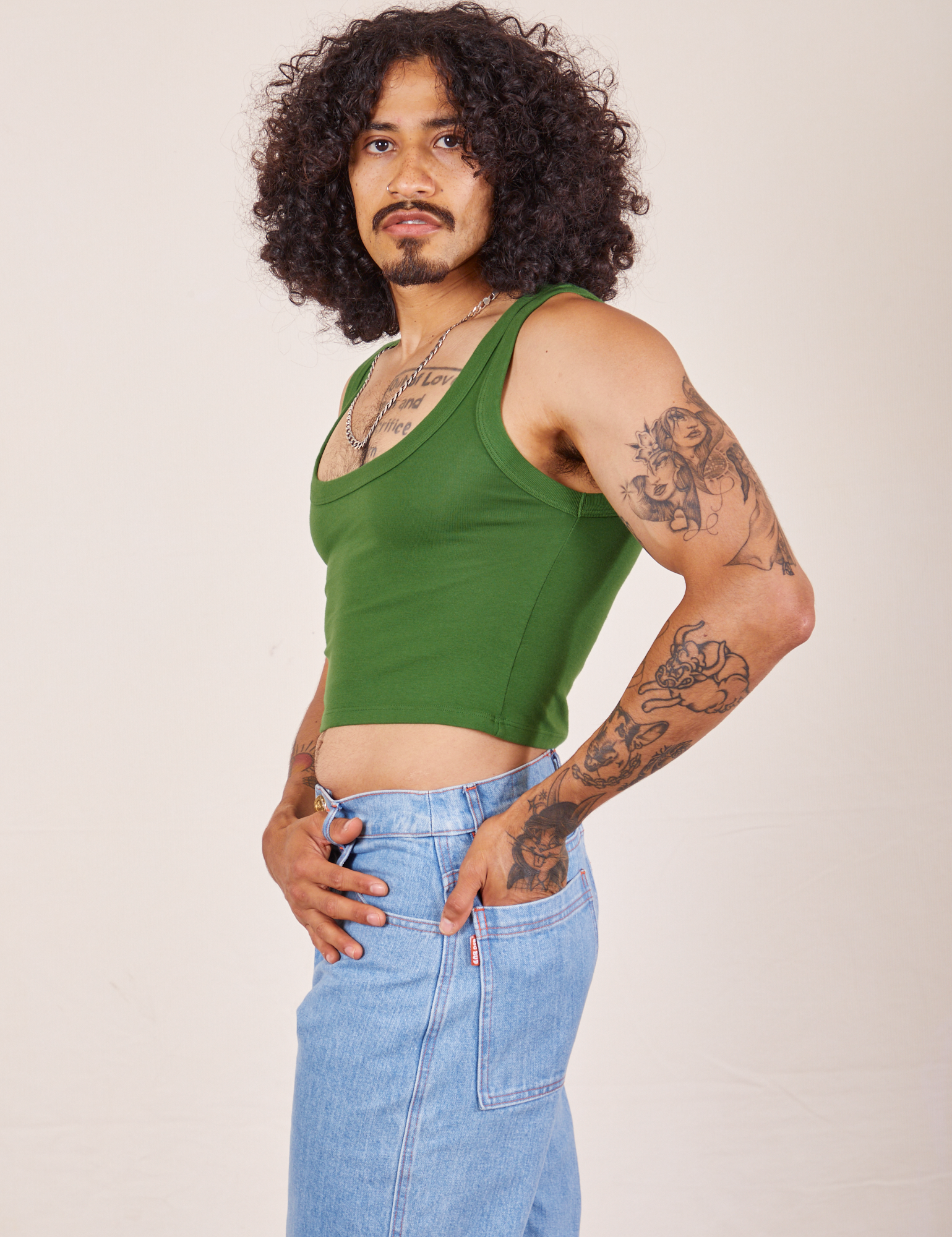 Side view of Cropped Tank Top in Lawn Green worn by Jesse