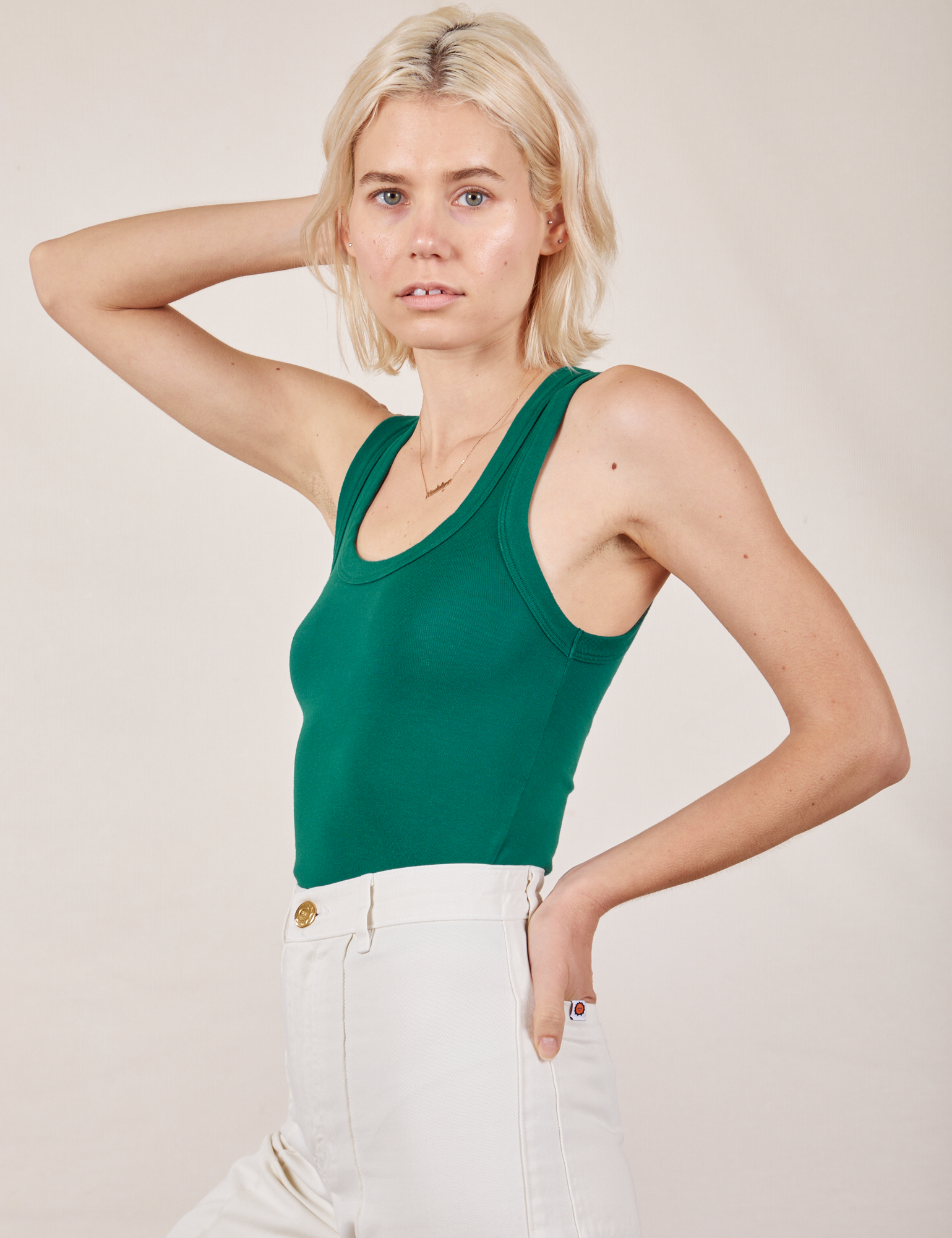 Side view of Tank Top in Hunter Green on Madeline