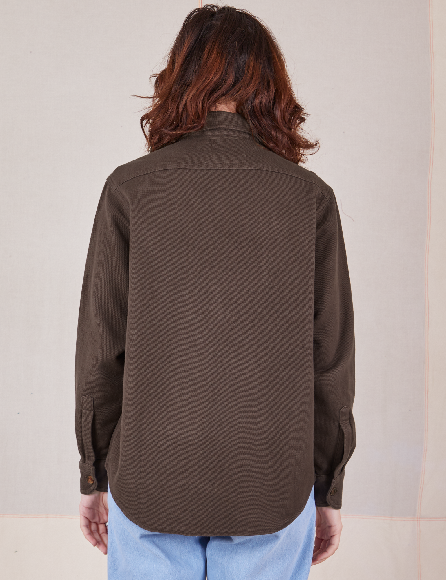 Back view of Flannel Overshirt in Espresso Brown on Alex