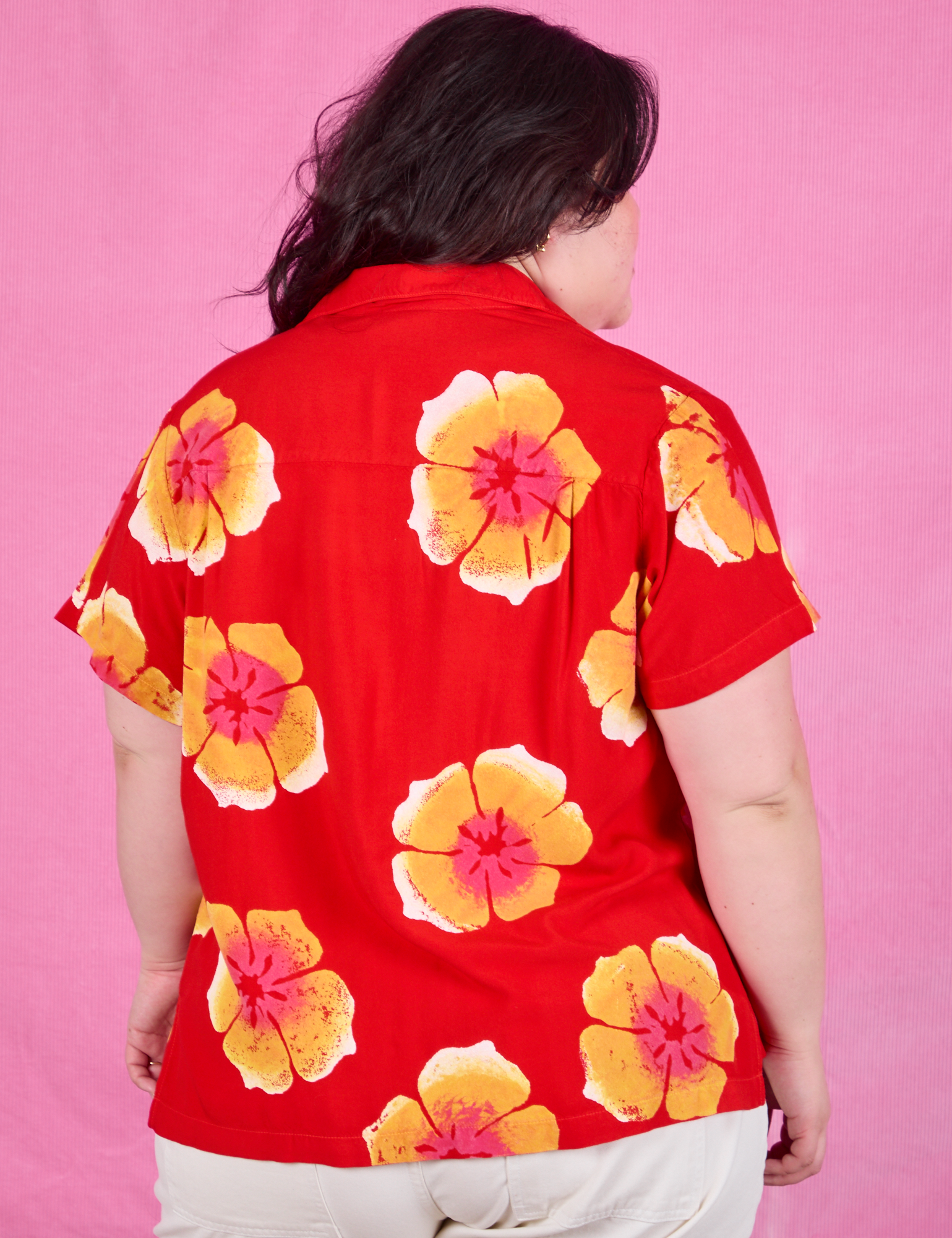 Paintstamped Pantry Button-Up in Mustang Red back view on Ashley