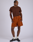 Pleated Trouser Shorts in Burnt Terracotta and fudgesicle brown Organic Vintage Tee