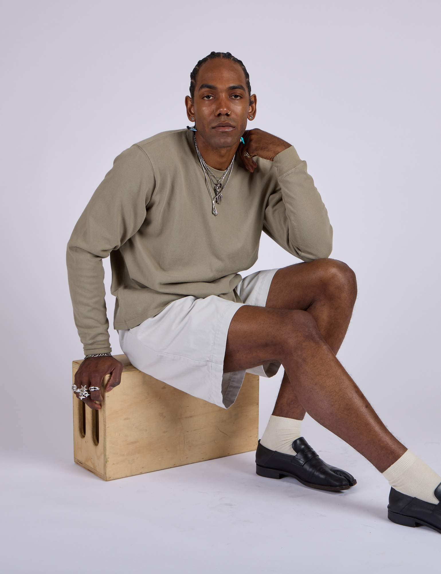 Pleated Trouser Shorts in Dishwater White and khaki grey Long Sleeve Burly Tee on Jerrod