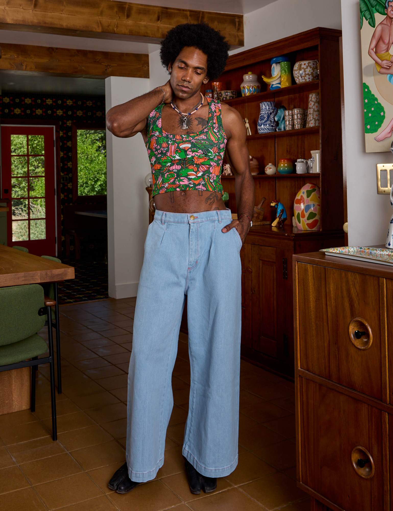 Cropped Tank Top in Kitchen Collection and light wash Indigo Wide Leg Trousers on Jerrod