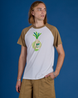 Grant is 6’5” and wearing L Produce Raglan Tee in Onion