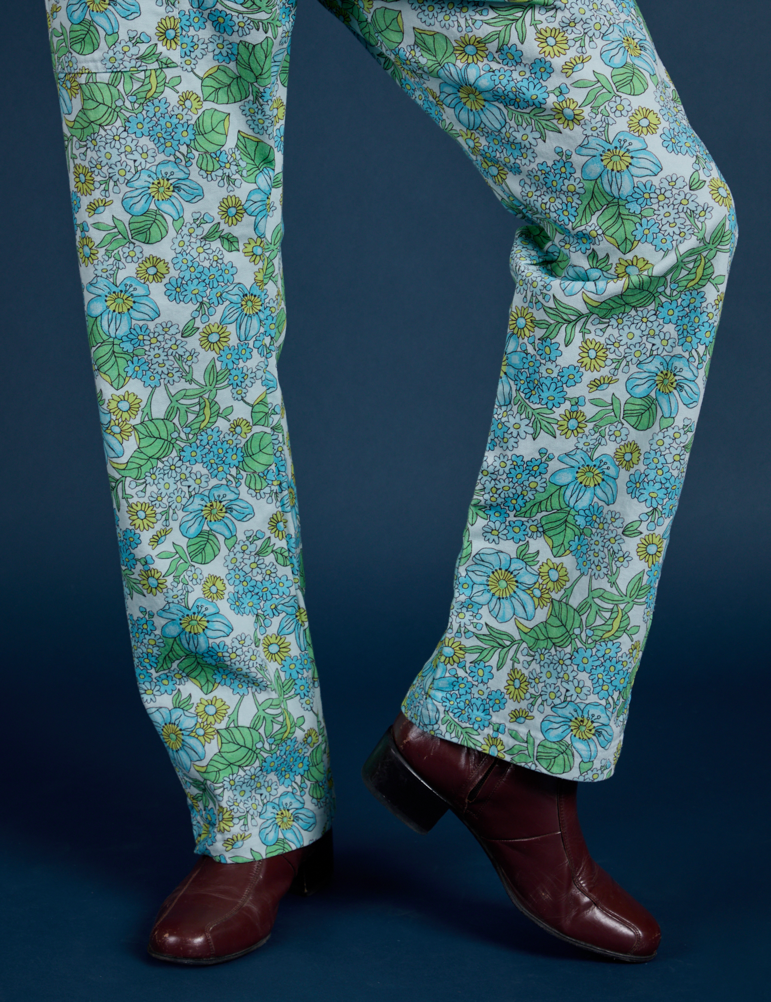 Winter Floral Print Work Pants pant leg close up on Jesse