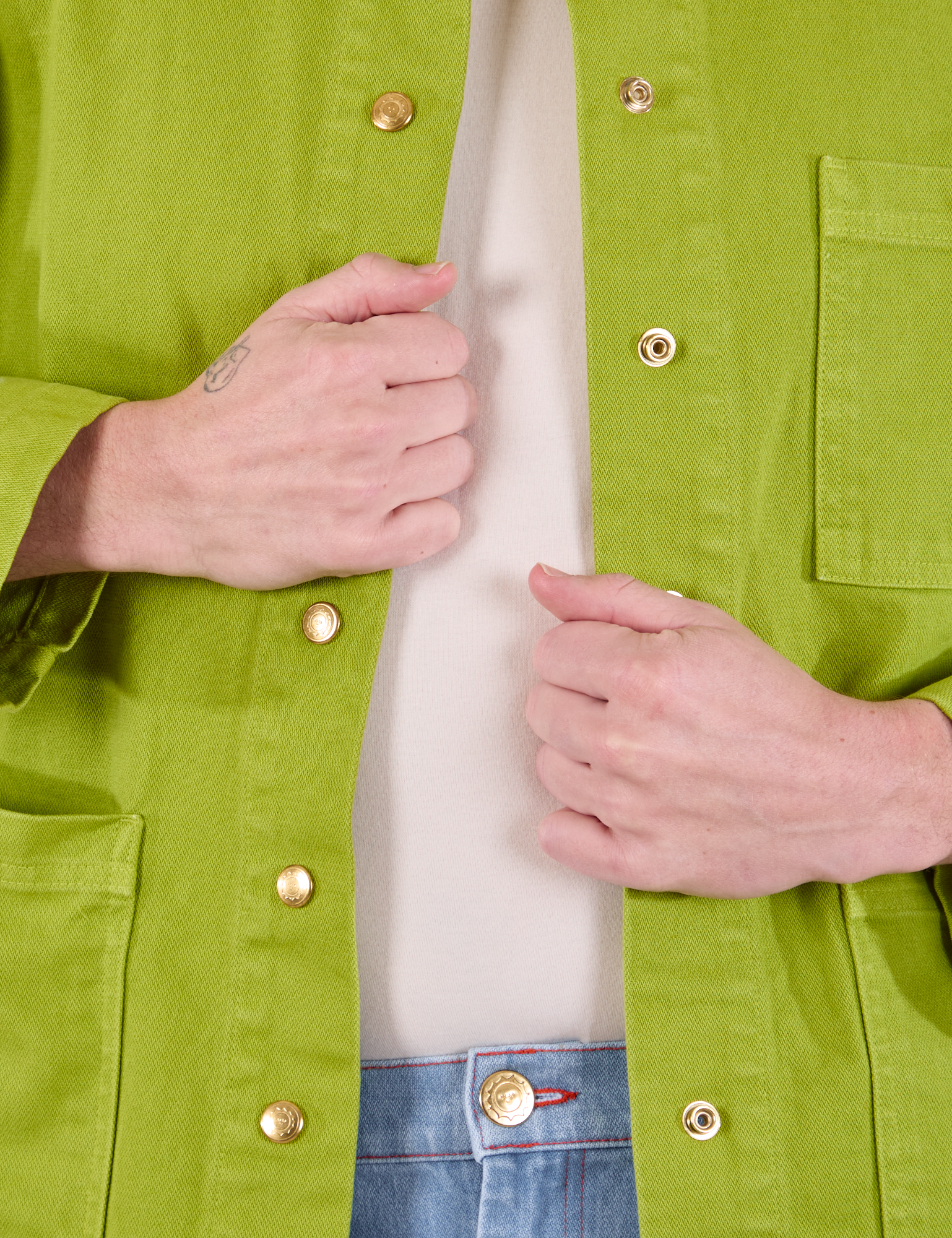 Denim Work Jacket in Gross Green front close up on Quinn