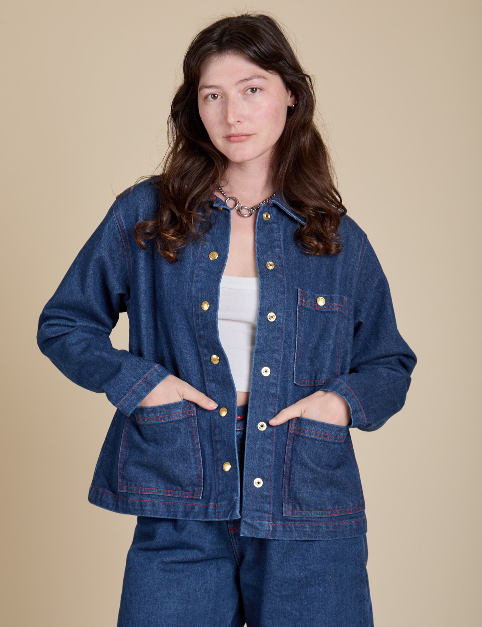 Alex is 5'8" and wearing P Indigo Denim Work Jacket in Dark Wash