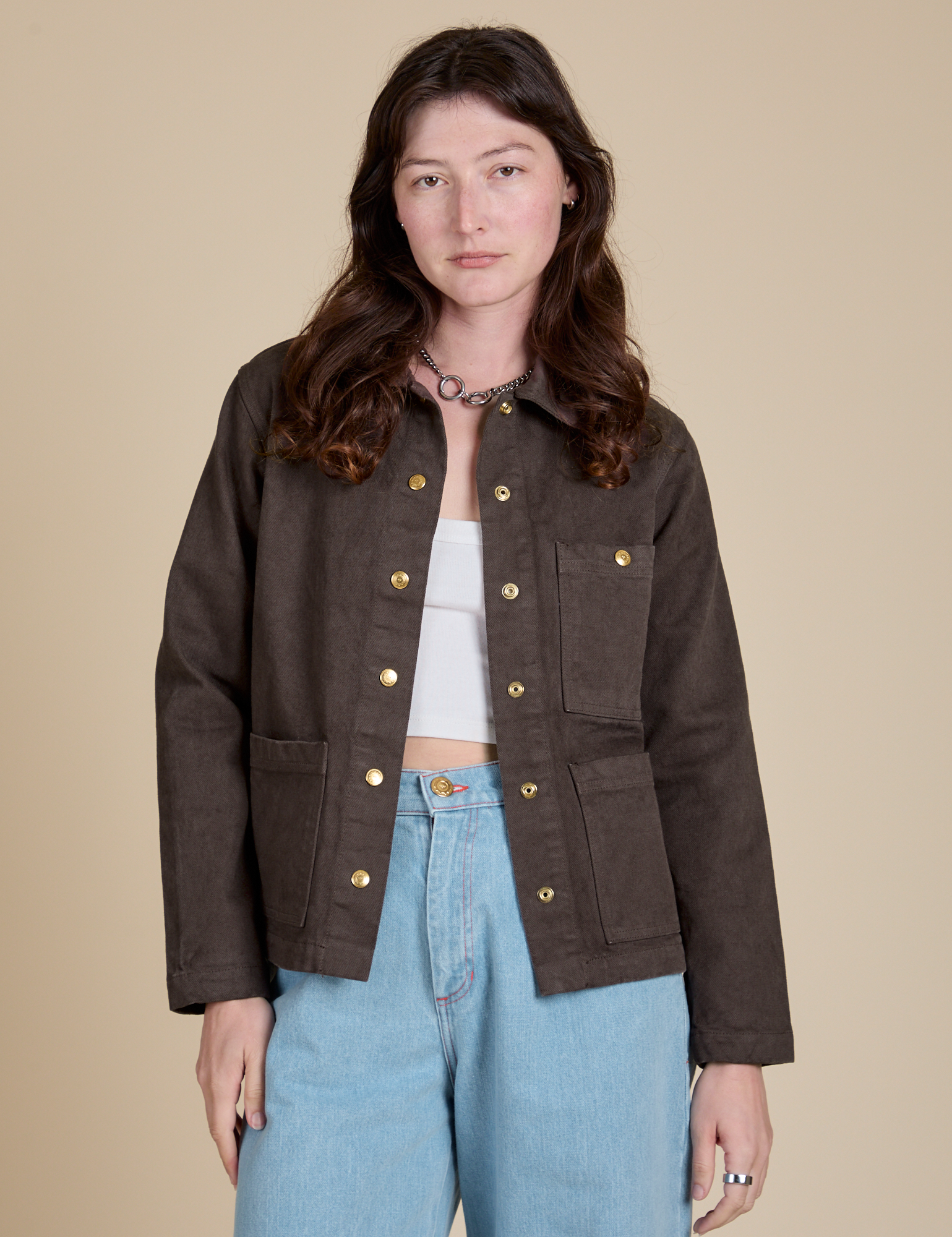 Denim Work Jacket in Espresso Brown on Alex