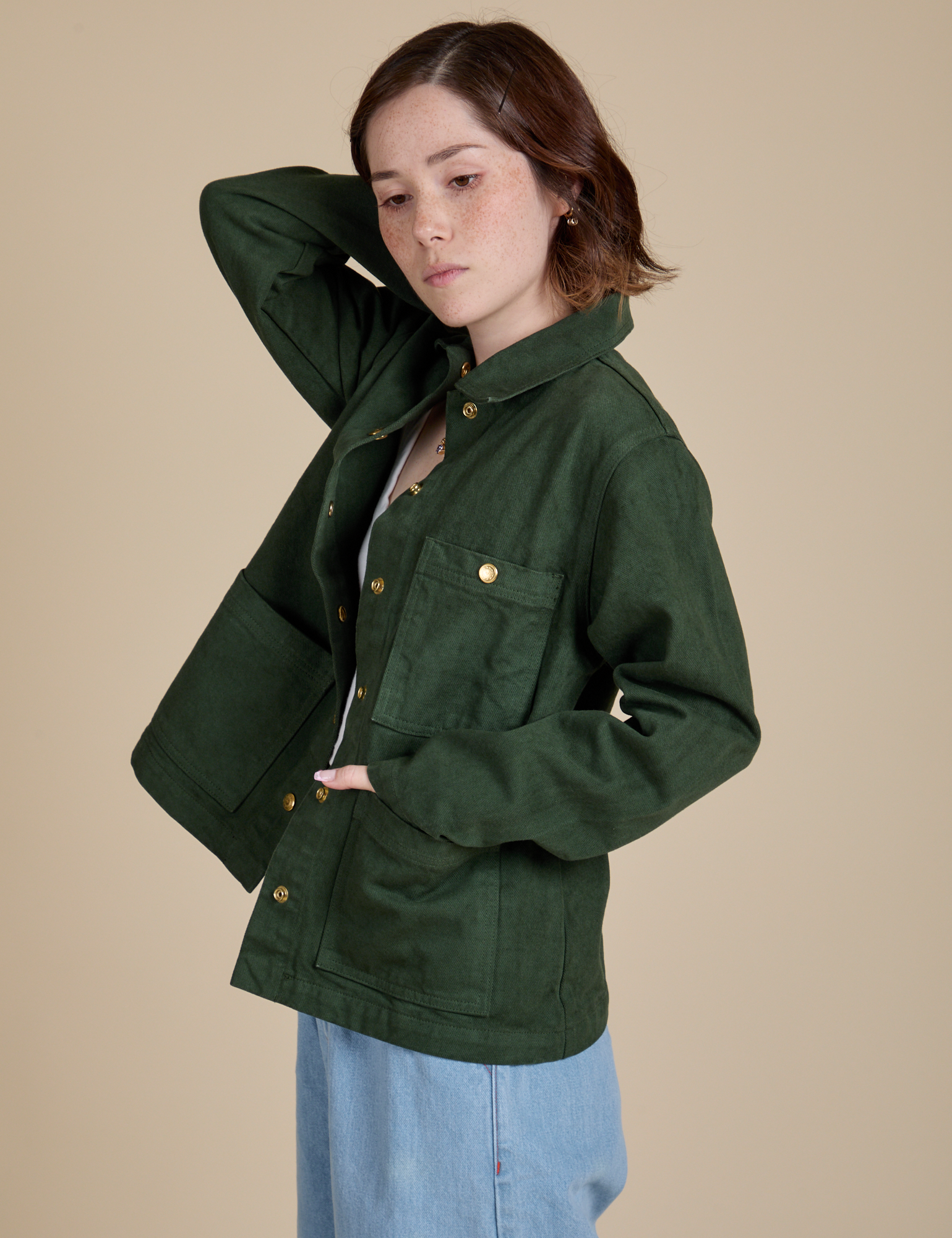 Side view of Denim Work Jacket in Swamp Green on Hana