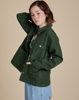 Side view of Denim Work Jacket in Swamp Green on Hana