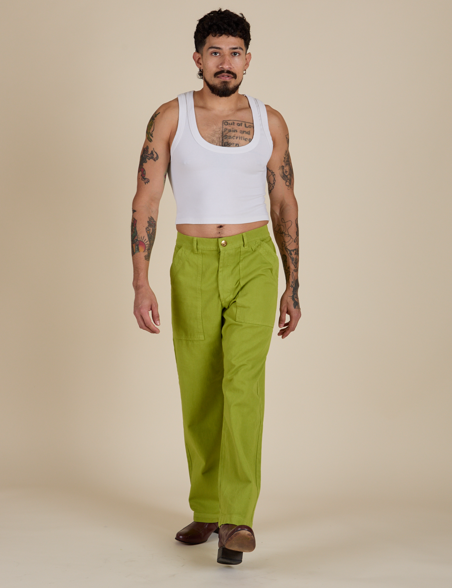 Work Pants in Gross Green and Cropped Tank in Vintage Tee White on Jesse