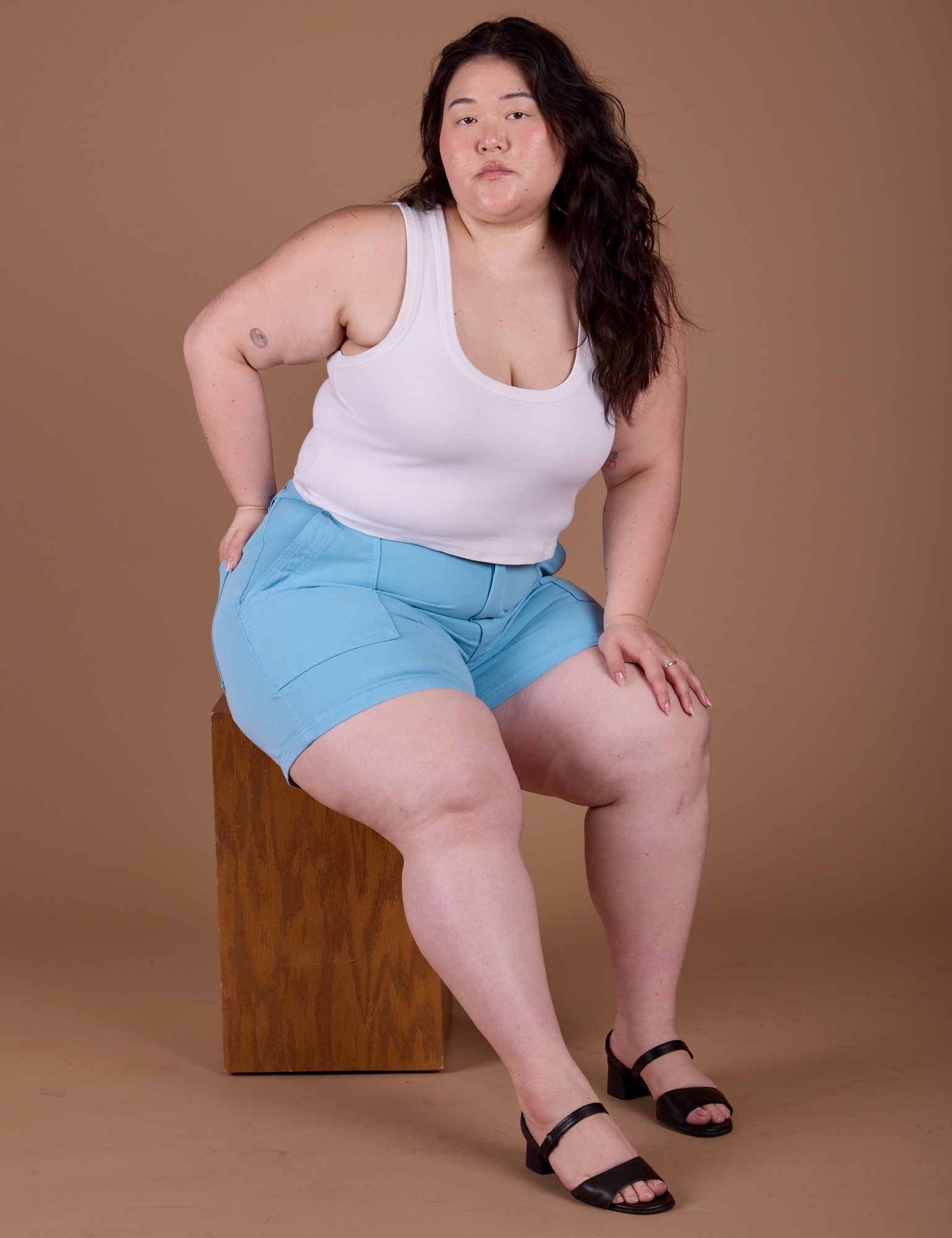 Classic Work Shorts in Baby Blue and vintage off white Cropped Tank worn by Ashley