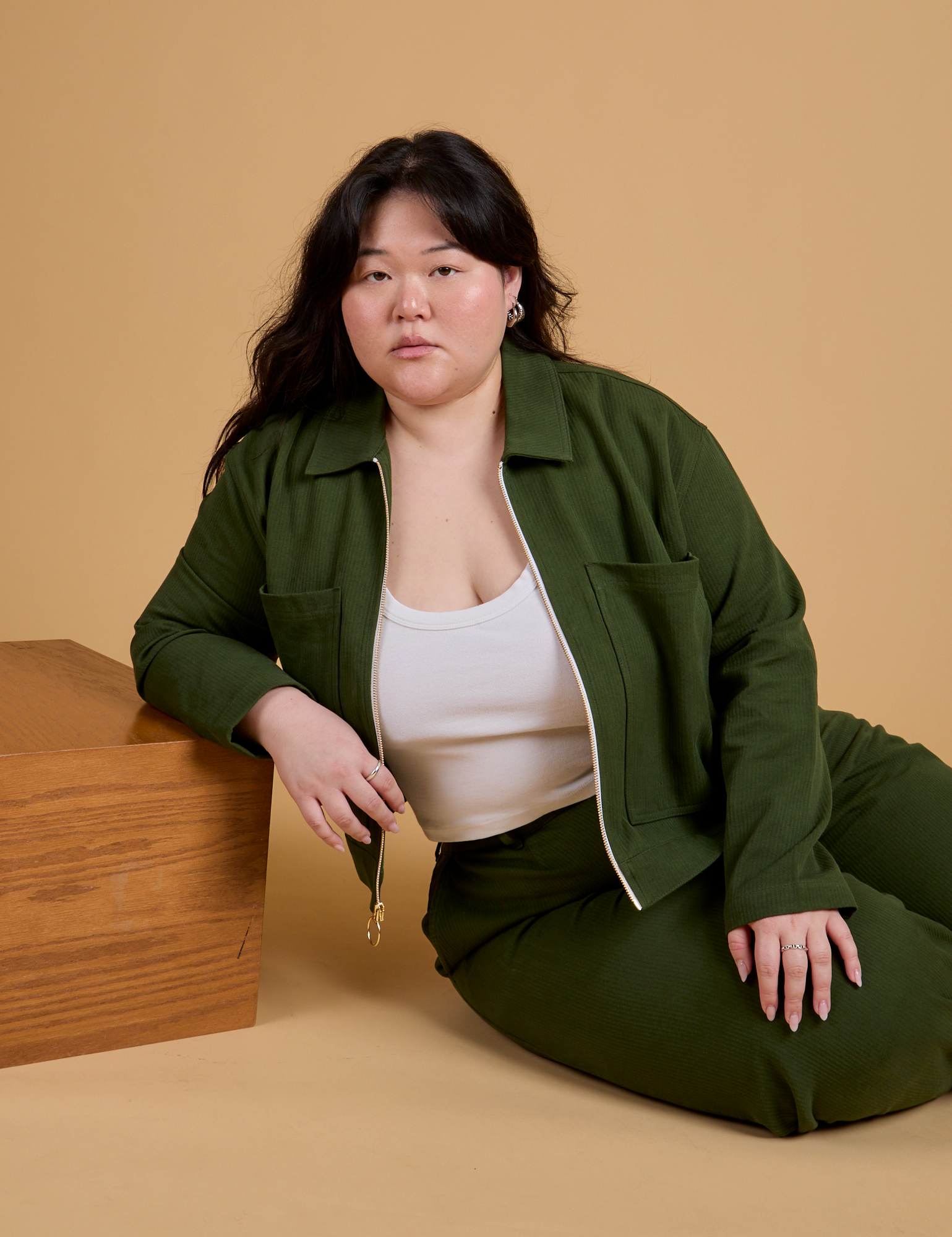 Ashley is wearing Heritage Mechanic Jacket in Evergreen