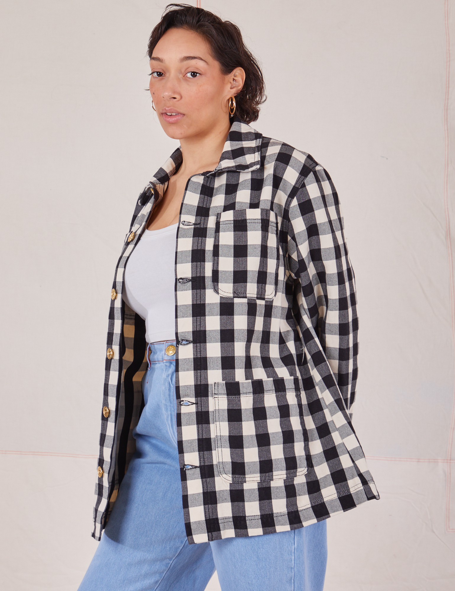 Angled front view of Big Gingham Field Coat on Tiara