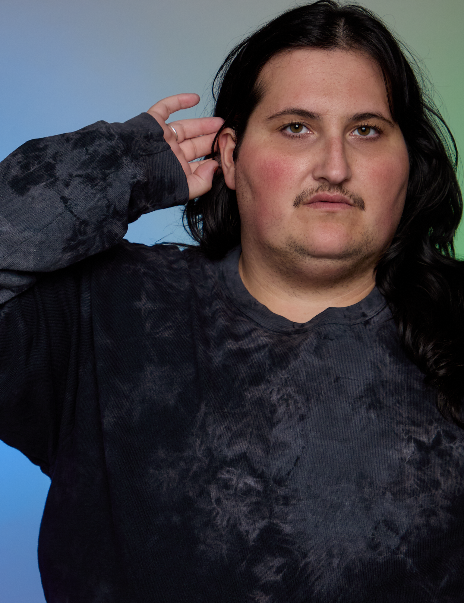 Magic Waters Long Sleeve Burly Tee in Black front close up on Sam