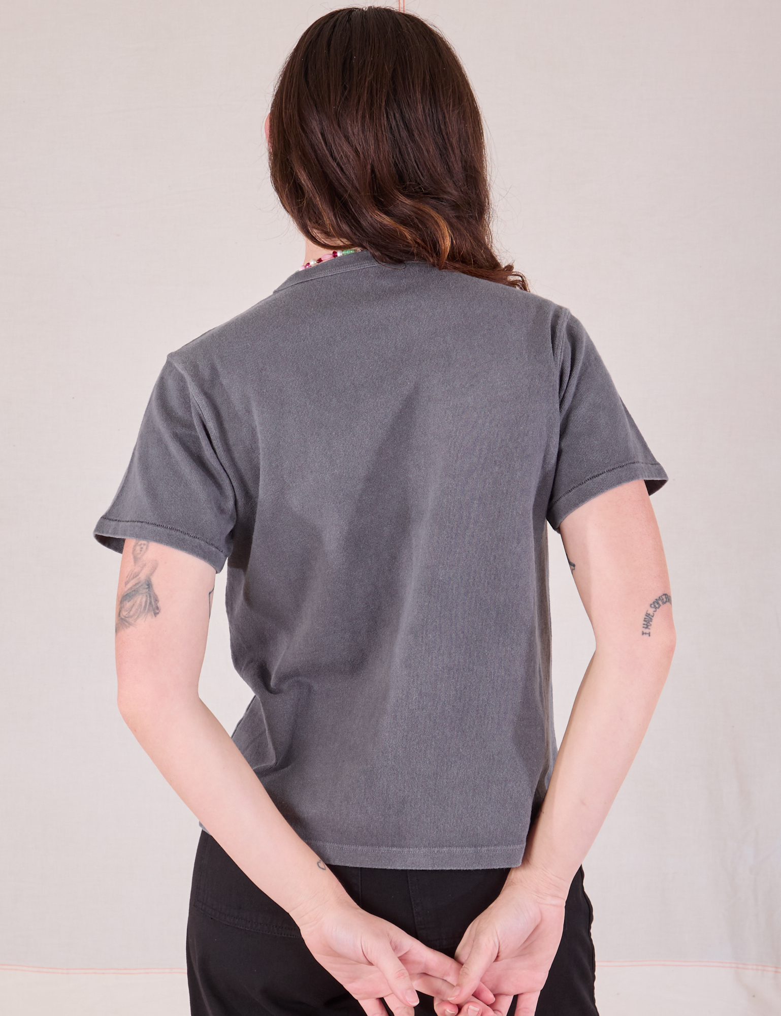 Burly Tee in Washed Grey back view on Alex