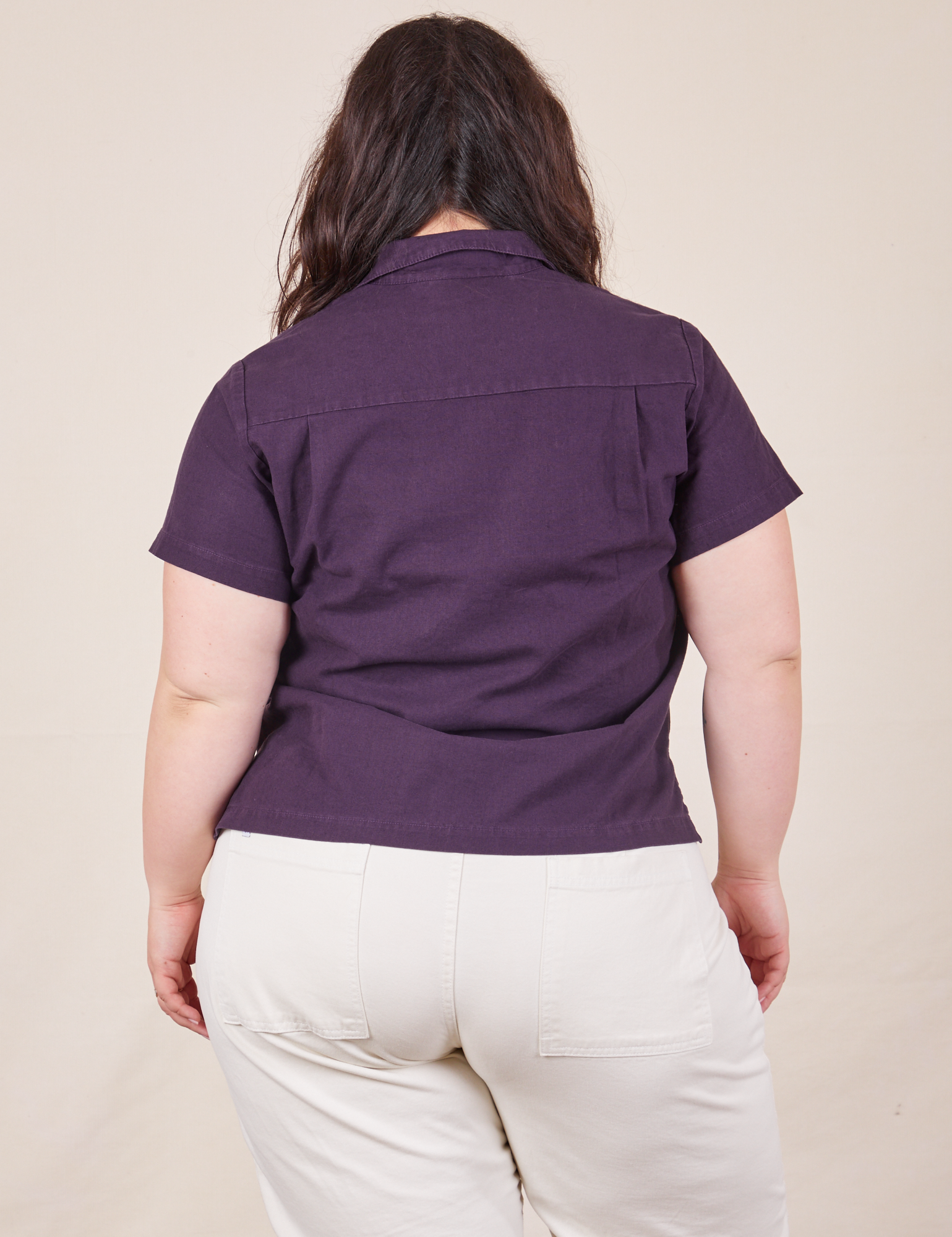 Back view of Pantry Button-Up in Nebula Purple worn by Ashley