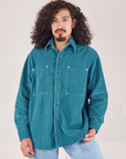 Jesse is 5'8" and wearing XS Corduroy Overshirt in Marine Blue