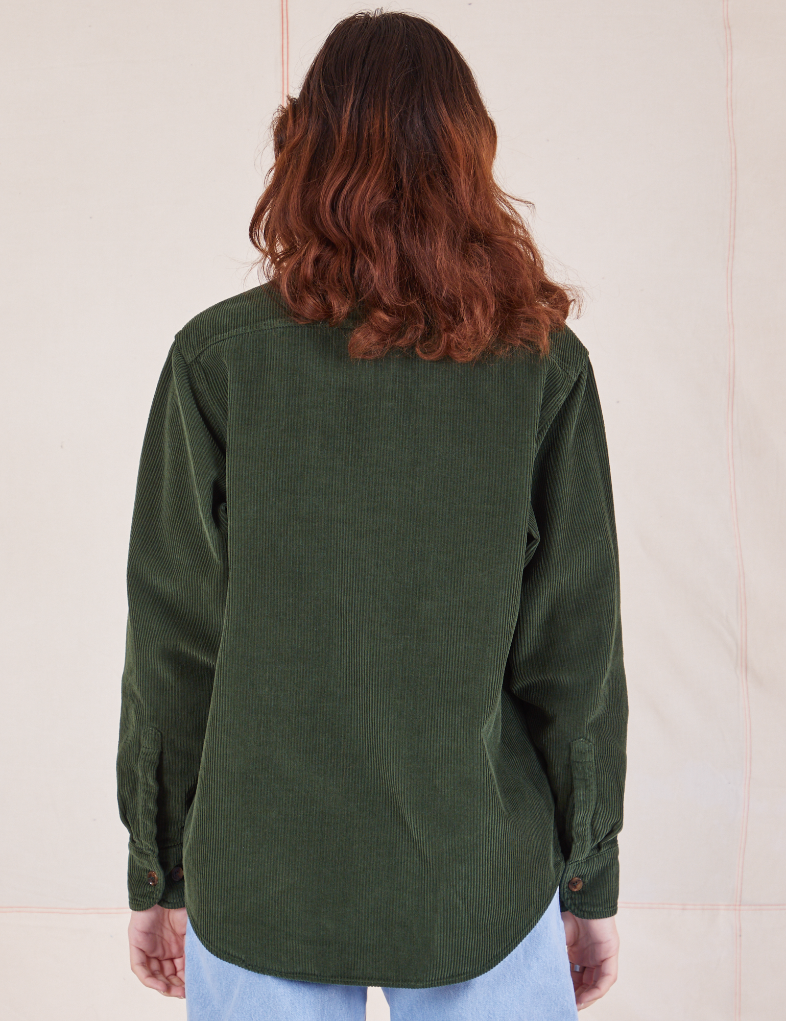 Corduroy Overshirt in Swamp Green back view on Alex