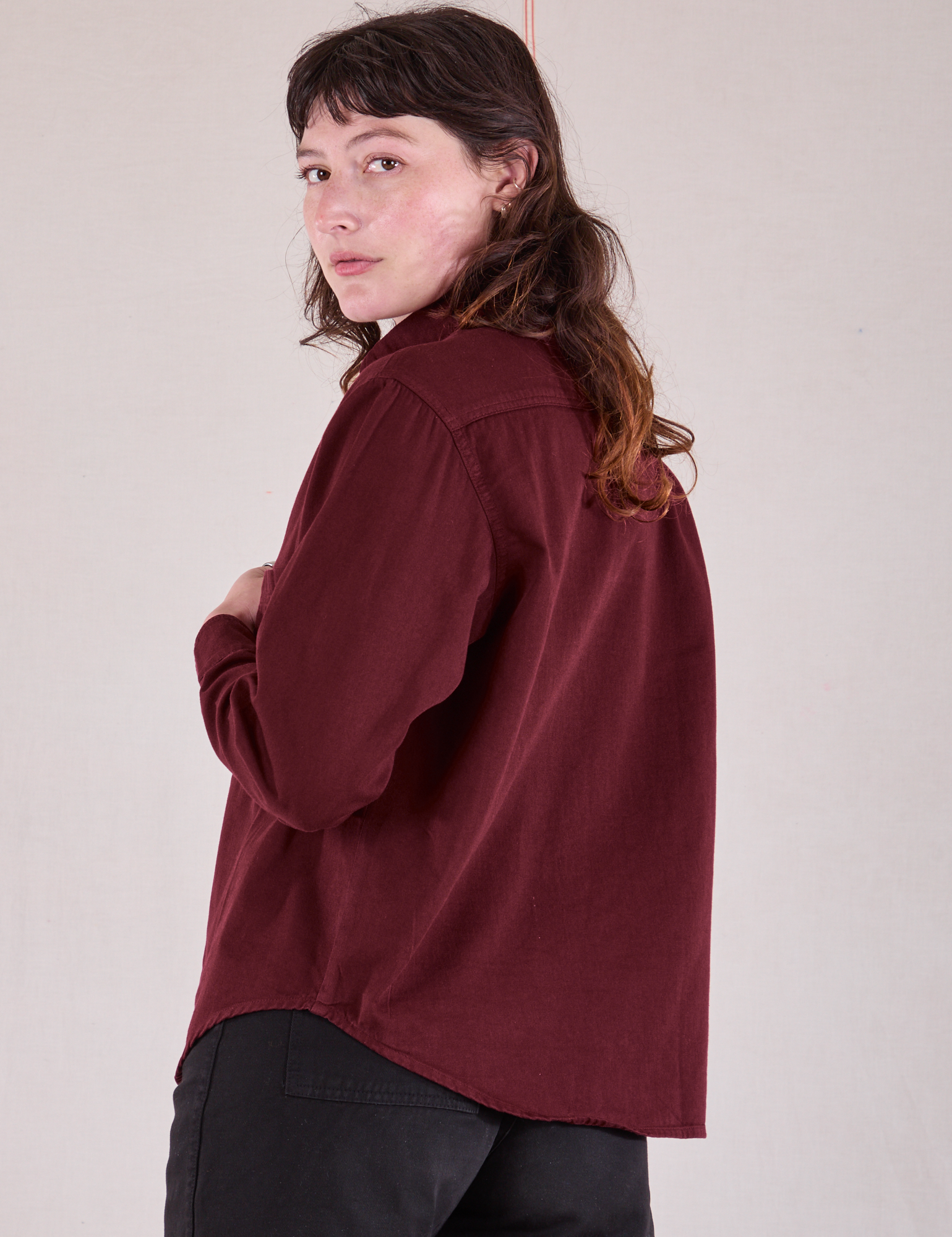 Cropped Overshirt in Red Wine angled back view on Alex