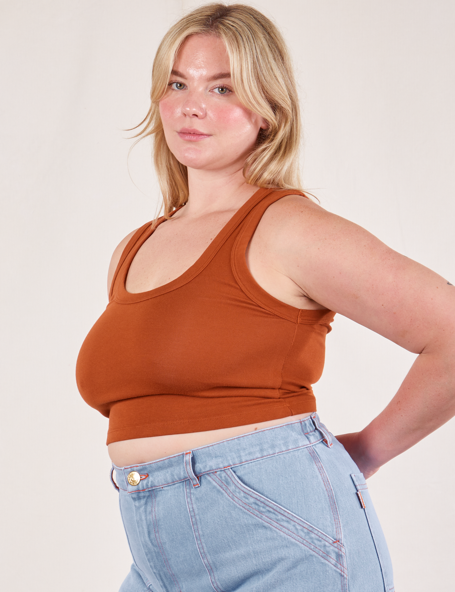 Cropped Tank Top in Burnt Terracotta angled front view on Lish